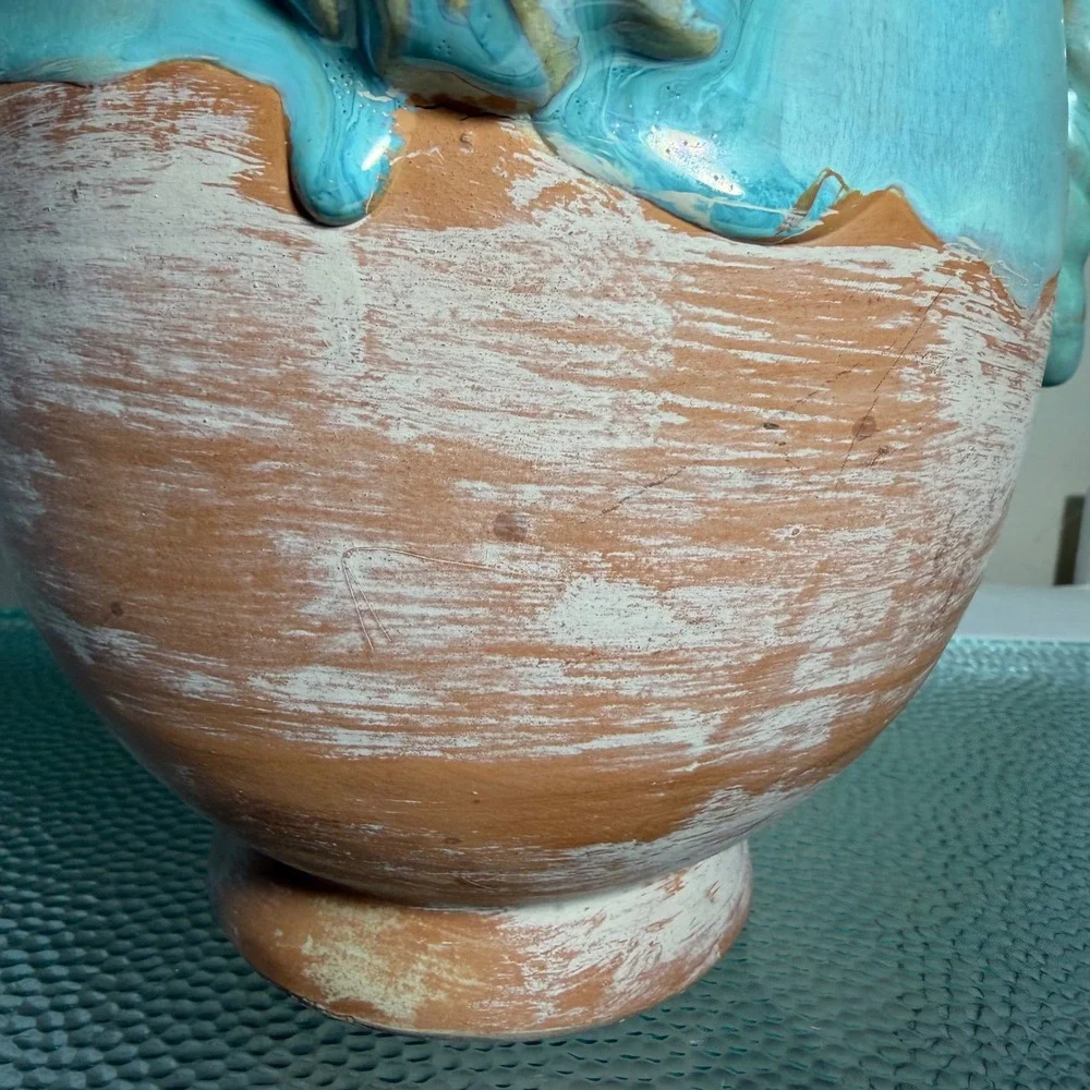 Terracotta Lion Head Vase Turquoise Drip Glaze Twisted Handle Amphora 11.25
